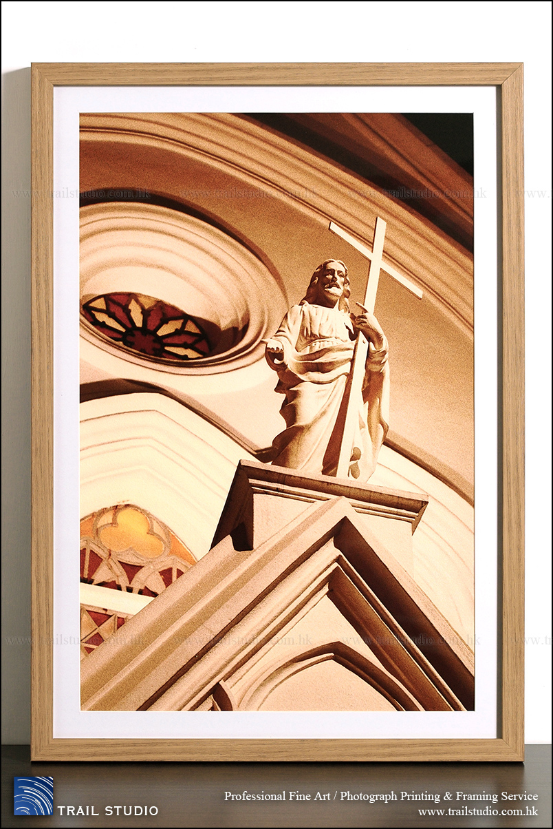 The Statue of the Risen Christ at the Cathedral of the Immaculate Conception – A color photography work by Hong Kong fine art photographer Ming Lau, printed on Hahnemühle William Turner fine art paper and framed in faux wood frame, produced by TRAIL STUDIO.